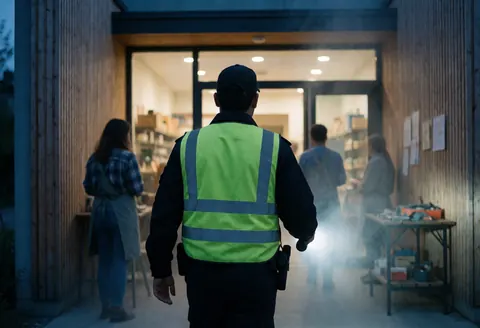 Vue arrière d'un agent de sécurité tenant une lampe torche lors d'une patrouille nocturne devant l'entrée d'un commerce avec des murs en bois et des lumières intérieures visibles.