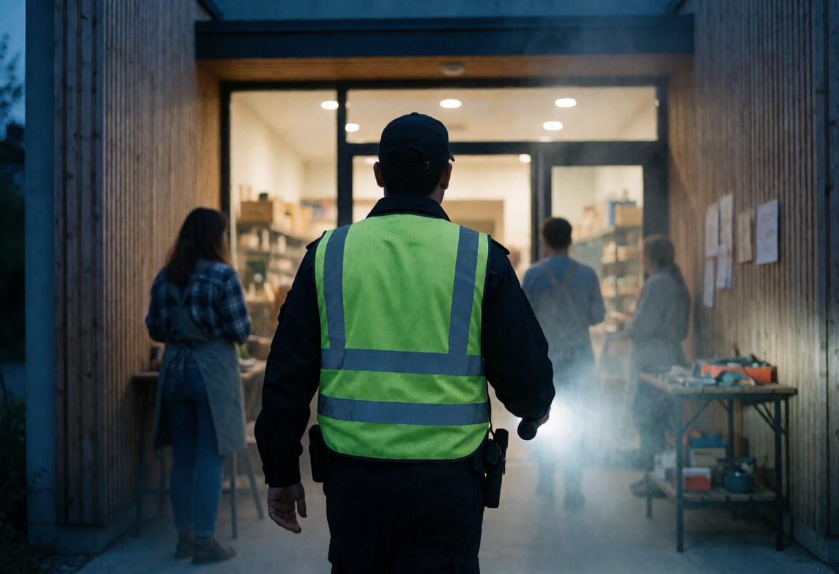 Vue arrière d'un agent de sécurité tenant une lampe torche lors d'une patrouille nocturne devant l'entrée d'un commerce avec des murs en bois et des lumières intérieures visibles.
