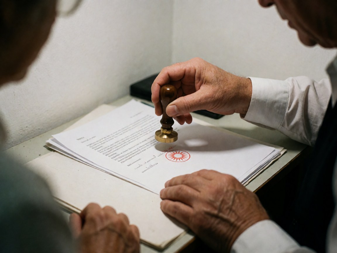 Plan rapproché d'une main tenant un document et un sceau en bronze avec une empreinte rouge, dans un bureau professionnel aux murs blancs.