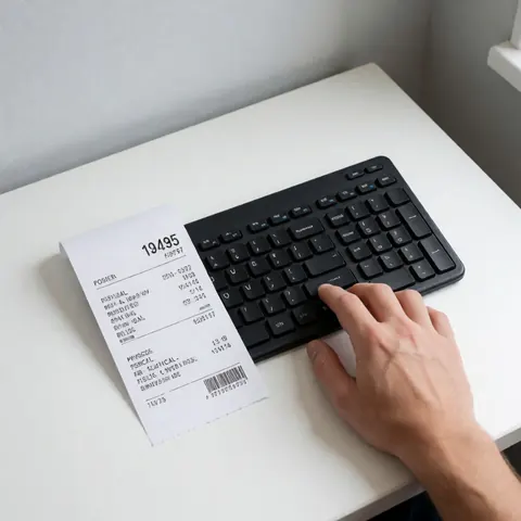 Des mains posées sur une pile de papiers imprimés représentant des reçus fiscaux, à côté d'un clavier noir sur un bureau blanc lumineux et propre.
