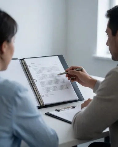 Un avocat et son client examinent un contrat dans un bureau moderne. La lumière naturelle inonde la pièce, mettant en valeur le bureau, le stylo et les murs blancs dans une ambiance professionnelle.