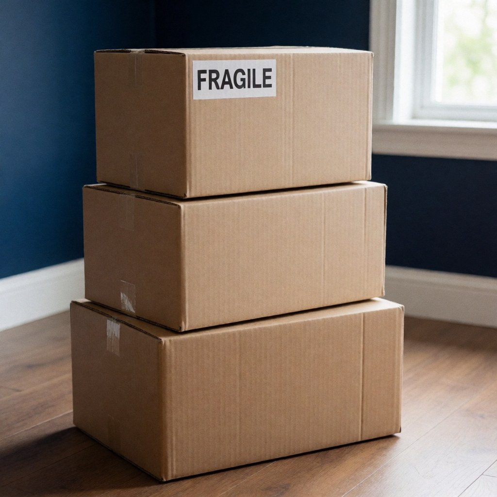 Plusieurs cartons fermés et étiquetés empilés de manière ordonnée, prêts à être transportés lors d'un déménagement.