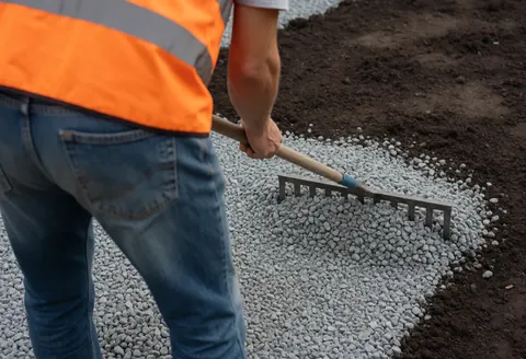Travailleur en gilet orange et jean étalant du gravier gris sur terre sombre, scène réaliste de paysagisme, outil visible, travail manuel en extérieur.