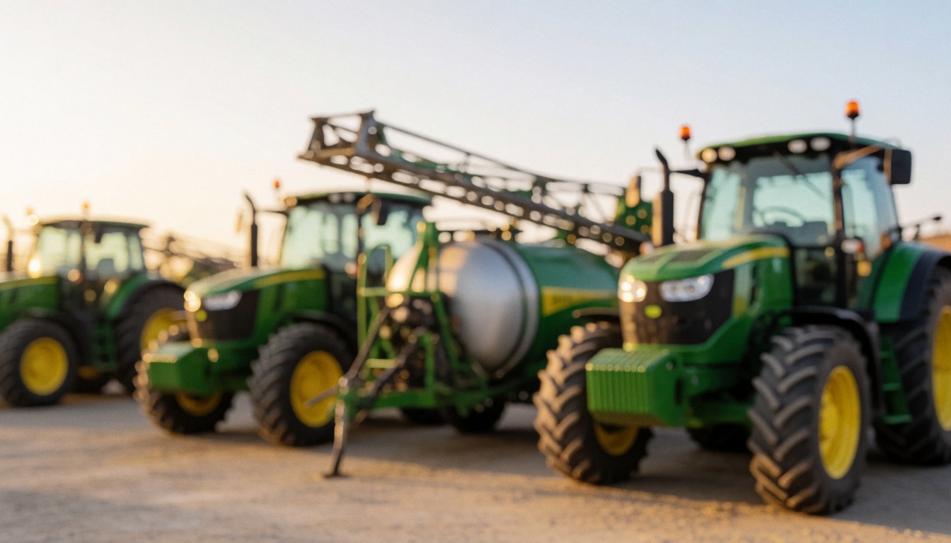 Tracteurs et pulvérisateurs agricoles verts et jaunes baignés de lumière dorée au coucher du soleil, servant de fond pour textes commerciaux dans le secteur de l'agriculture.
