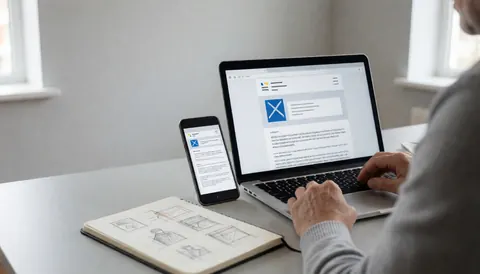 Un professionnel travaille sur la conception d'un email pour une agence de marketing, avec un ordinateur et un téléphone affichant le même design, un carnet de croquis et une lumière naturelle.