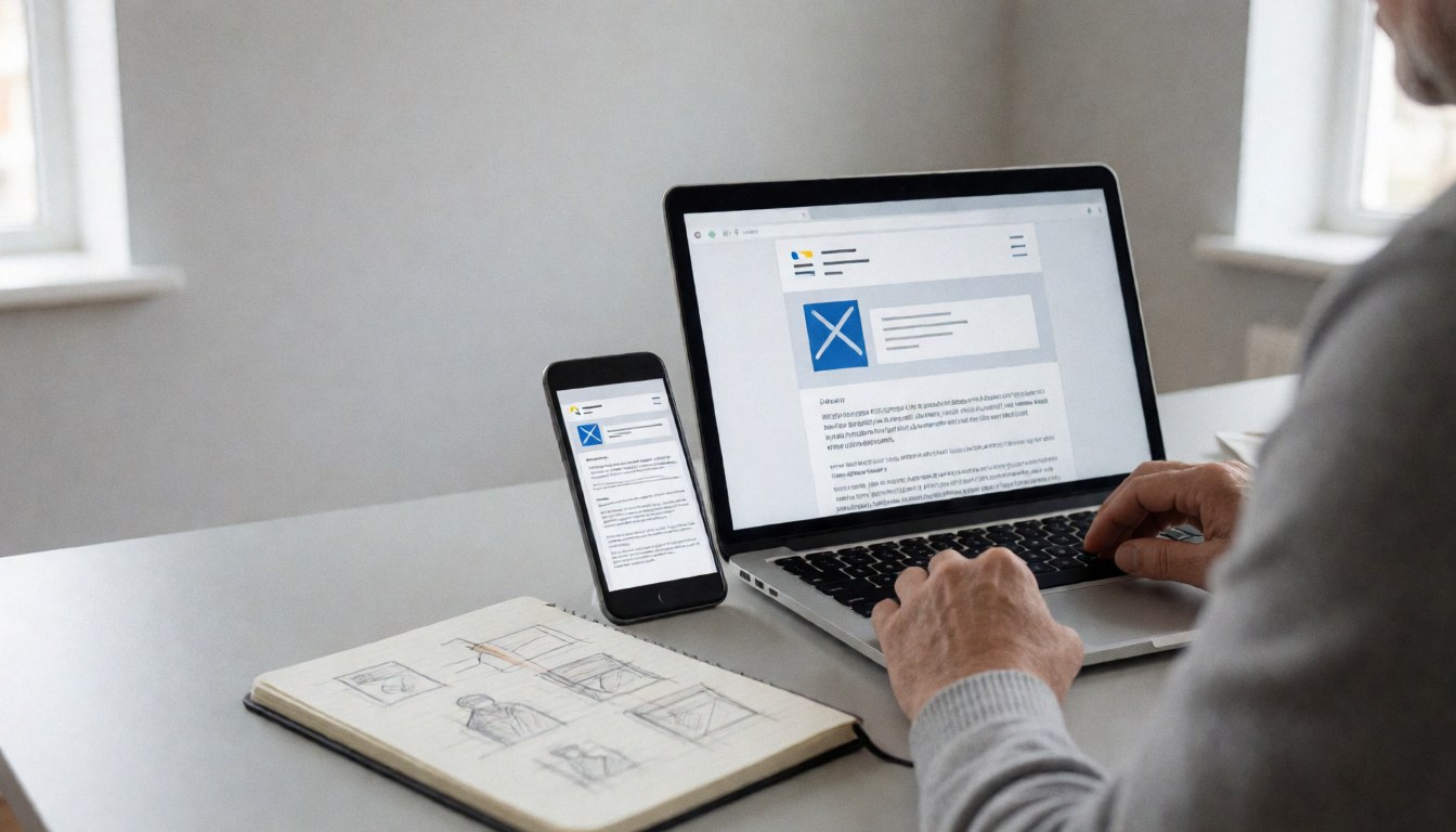 Un professionnel travaille sur la conception d'un email pour une agence de marketing, avec un ordinateur et un téléphone affichant le même design, un carnet de croquis et une lumière naturelle.