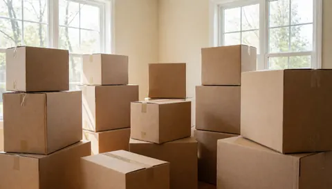 Plusieurs cartons de déménagement empilés avec soin au centre d'un salon clair et ordonné, près de grandes fenêtres laissant entrer la lumière naturelle.