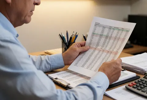 Un professionnel âgé examine des documents financiers et utilise une calculatrice sur un bureau pour analyser les taux de change.