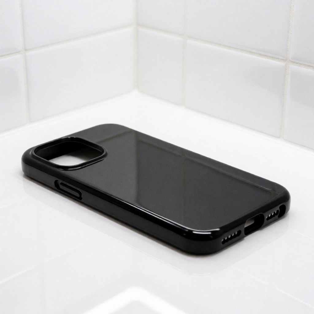 Coque de protection noire pour smartphone posée sur une surface blanche texturée avec des reflets lumineux, évoquant un design moderne et minimaliste pour catalogue ou marketing.