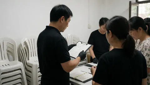 Un planificateur portant des gants noirs examine une liste de contrôle sur une table entourée de chaises blanches empilées, illustrant un travail d'équipe professionnel et organisé.
