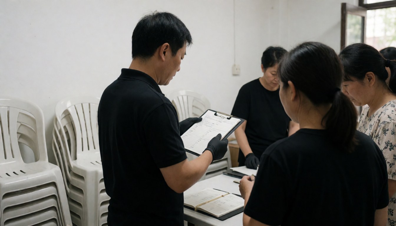 Un planificateur portant des gants noirs examine une liste de contrôle sur une table entourée de chaises blanches empilées, illustrant un travail d'équipe professionnel et organisé.