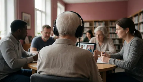 Un senior avec des écouteurs utilise une tablette pour suivre un cours de langues dans une bibliothèque, entouré d'autres adultes étudiant ensemble.