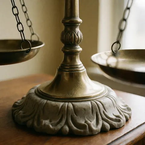 Gros plan sur la base en bois d'une balance de justice en bronze posée sur une table, avec texture et patine visibles, éclairage naturel et murs beige.