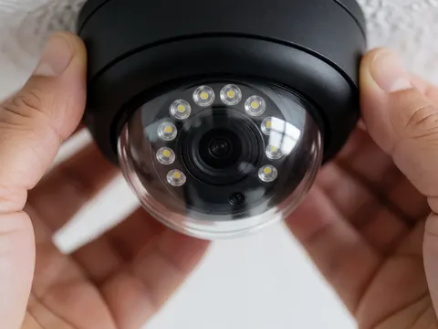 Vue rapprochée d'un objectif de caméra de surveillance en forme de dôme avec des mains effectuant une installation ou un ajustement technique.