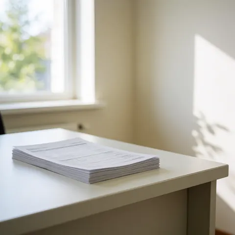 Plusieurs formulaires de demande de visa disposés sur un bureau en bois clair, baignés d'une lumière naturelle provenant d'une fenêtre, créant des ombres douces.