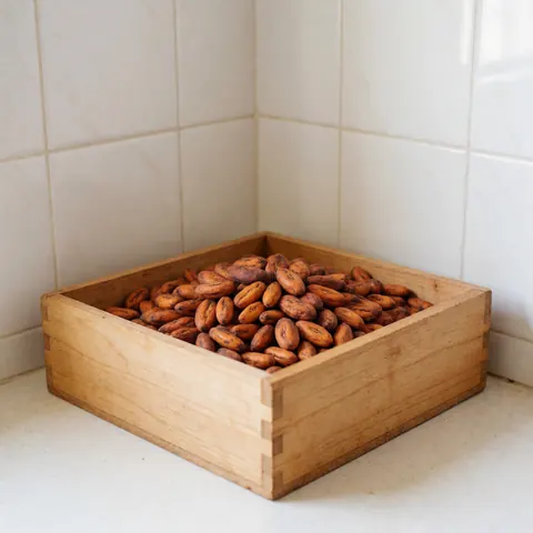 Des grains de cacao bruns disposés dans une caisse en bois pour la fermentation, sur un fond de carreaux blancs, mettant en valeur la texture naturelle du produit agricole.