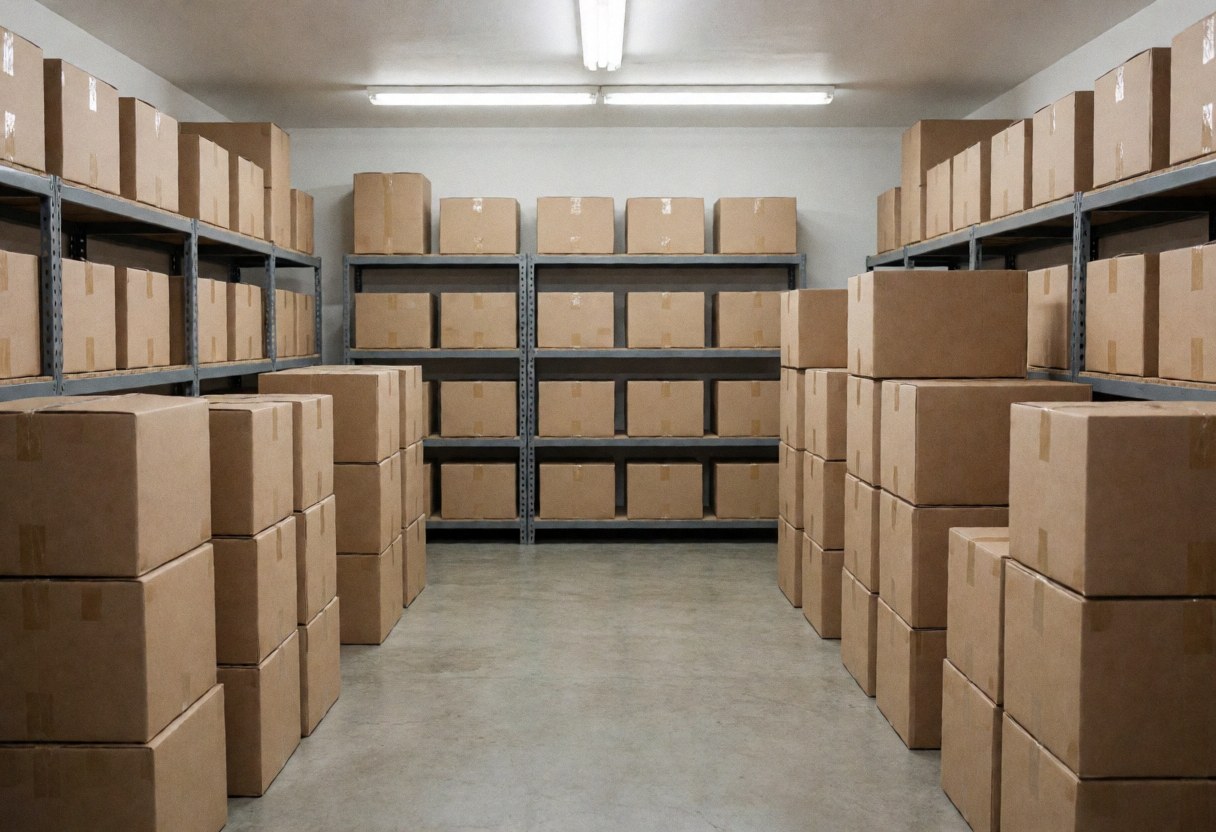 Vue d'un entrepôt de déménagement contenant des étagères métalliques et des cartons emballés et empilés, éclairé par des néons dans un environnement ordonné.