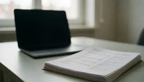 Un bureau d'office éclairé par la lumière naturelle, présentant un ordinateur portable et une pile de documents, idéal pour illustrer des services de conseil ou de gestion.