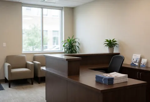 Vue d'une réception d'entreprise propre et professionnelle avec un bureau en bois, des chaises, des plantes vertes, des brochures et une fenêtre laissant entrer la lumière naturelle.
