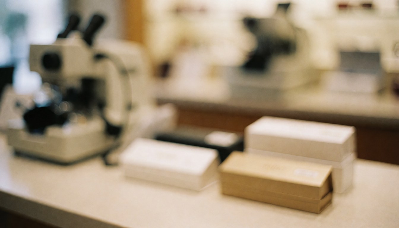 Fond d'optique avec des boîtes de lunettes et du matériel flou, idéal pour ajouter du texte.