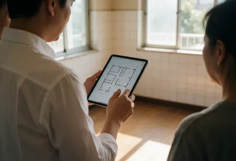 Un agent immobilier examine attentivement des plans d'architecture affichés sur une tablette numérique lors d'une visite de propriété.