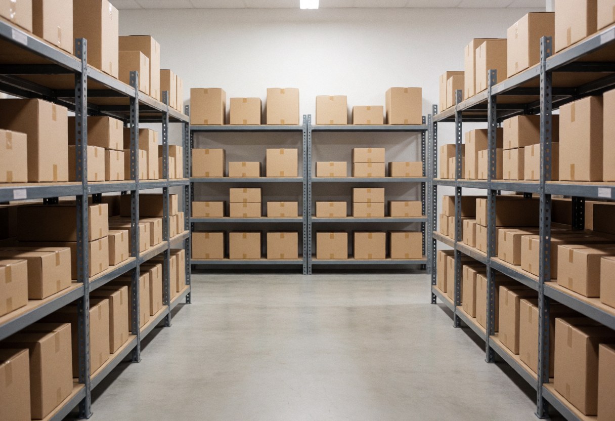 Entrepôt de commerce en ligne avec étagères métalliques remplies de cartons, sol en béton et éclairage uniforme, idéal pour la logistique.