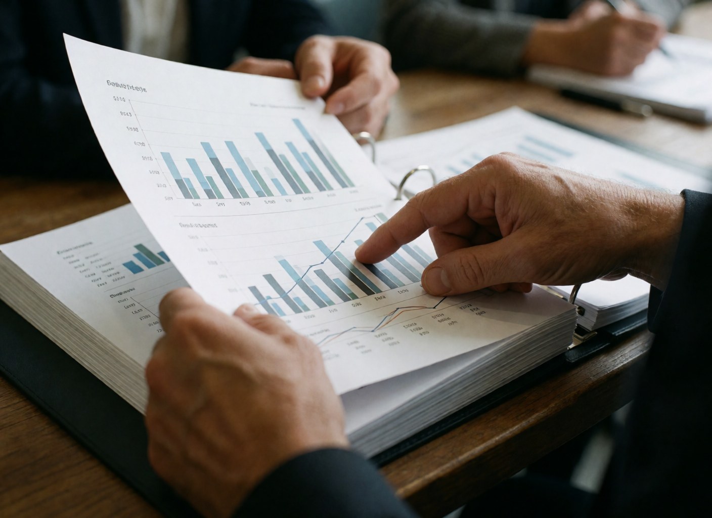 Vue rapprochée d'un bureau en bois avec des documents financiers, des graphiques et des outils pour l'analyse des données et la stratégie d'entreprise.
