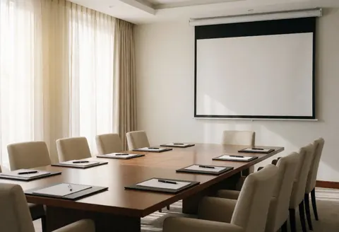 Salle de réunion vide équipée d'une longue table, de chaises confortables, d'un écran de projection et baignée de lumière naturelle par une fenêtre.