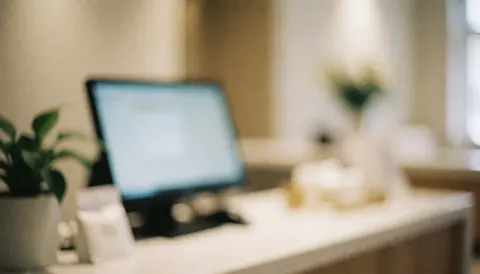 Vue d'un espace de réception moderne avec un bureau clair, une plante verte et un éclairage doux créant une ambiance calme et professionnelle.