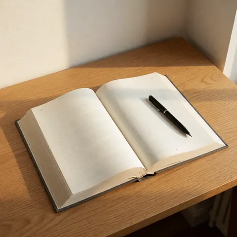 Un cahier ouvert posé sur une table en bois clair, éclairé par une lumière naturelle douce, accompagné d'un stylo bleu.