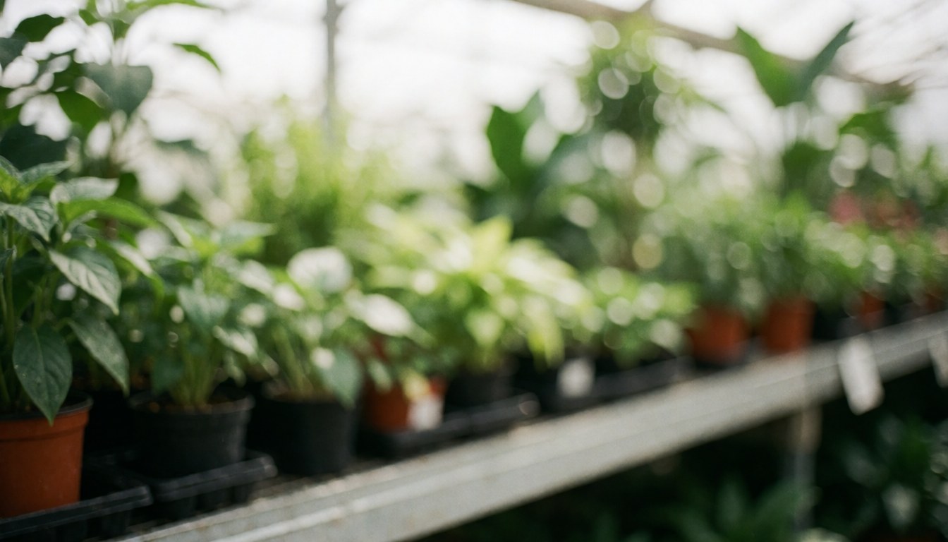 Arrière-plan doux d'une étagère de serre avec des plantes vertes en pot, idéal pour les textes de boutiques en ligne de plantes, avec lumière diffuse et effet bokeh.
