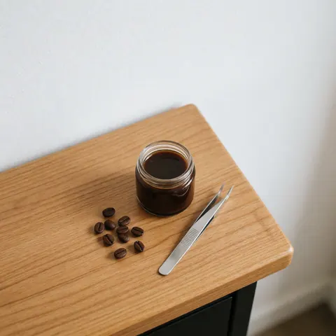Jarre contenant du café capillaire artisanal posée sur une table en bois avec des outils de barbier, éclairage naturel et fond blanc minimaliste.