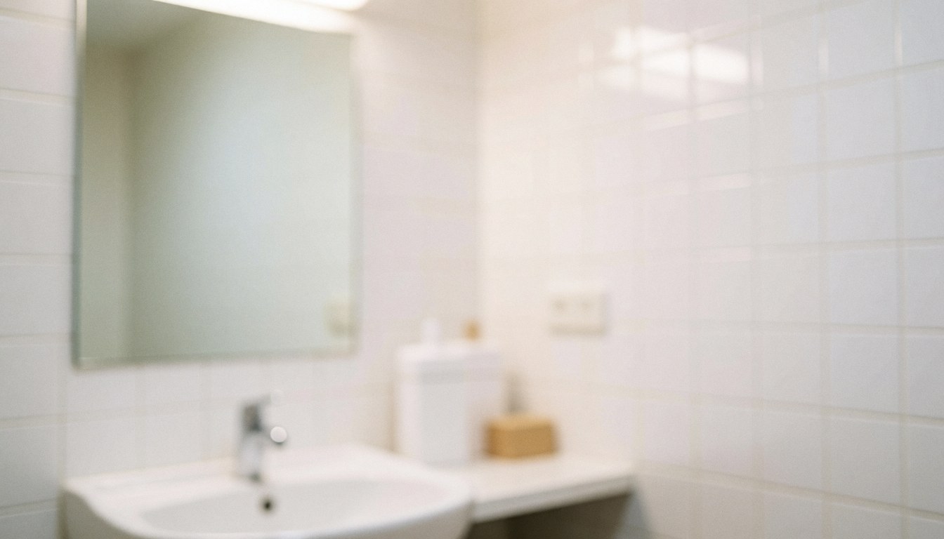 Vue d'un miroir posé sur une vasque dans une salle de bain aux carreaux blancs, offrant un fond lumineux et épuré idéal pour des textes ou présentations professionnelles.