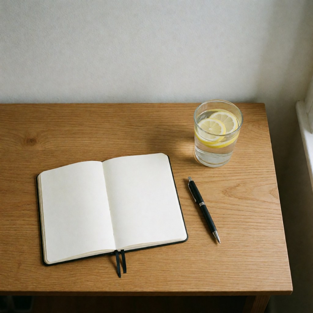 Vue de dessus d'un bureau en bois clair minimaliste avec un cahier ouvert, un stylo, un verre d'eau et des tranches de citron, évoquant la santé et la productivité.
