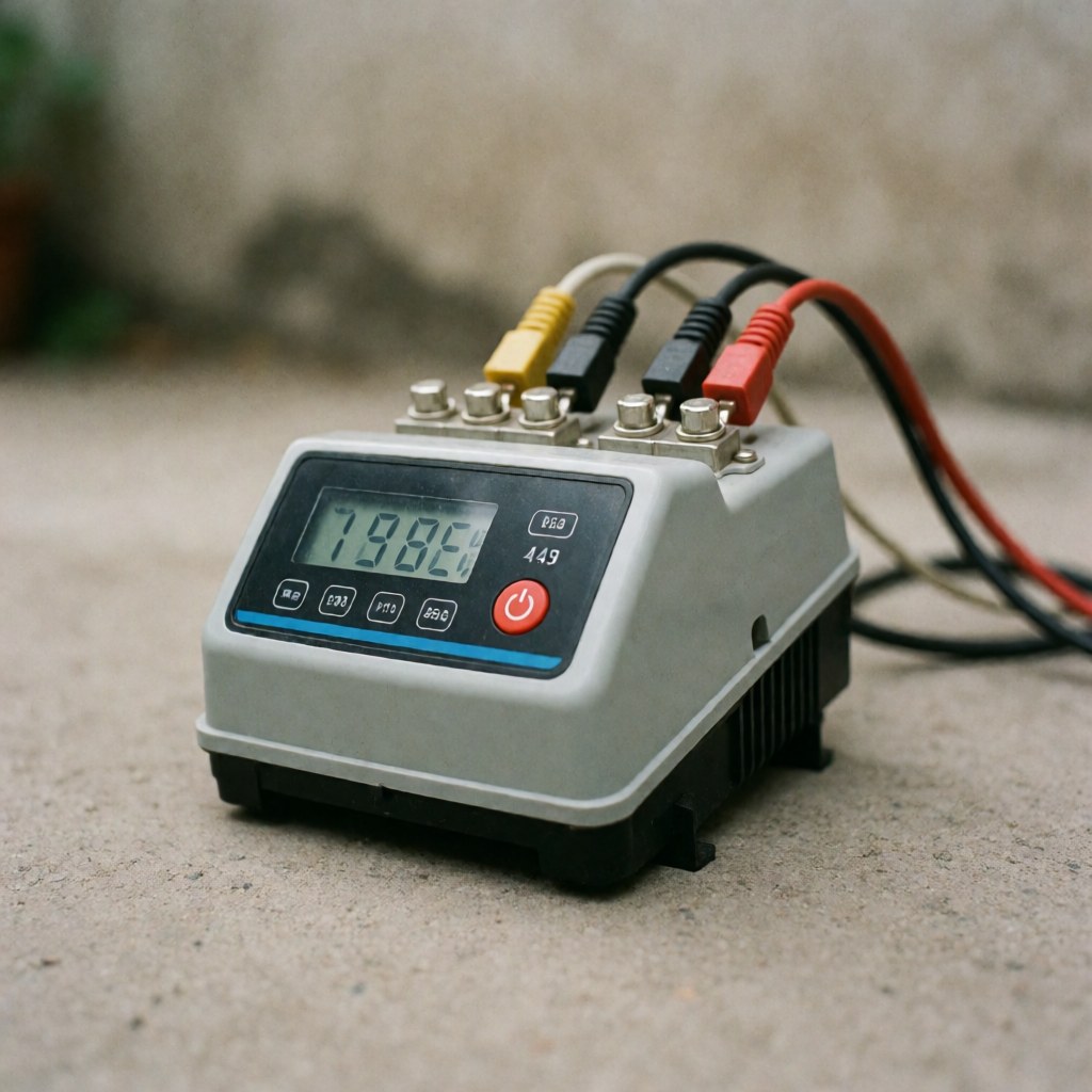Énergisateur électrique gris doté d'un écran numérique, d'un bouton rouge et de câbles connectés aux bornes, posé sur du béton à fond flou.