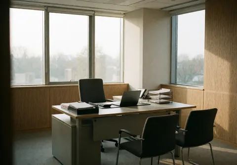 Espace de travail professionnel lumineux comprenant un bureau en bois, des chaises, un ordinateur portable, une calculatrice et des documents bien rangés sur la table.
