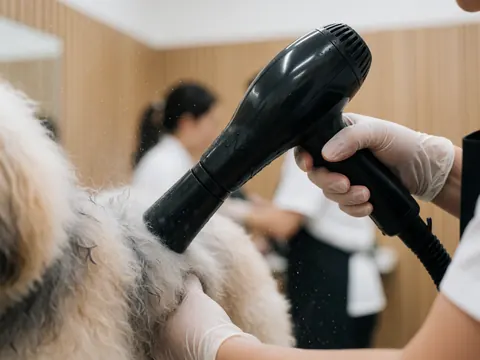 Un groomer aux gants blancs utilise un sèche-cheveux noir pour assécher le pelage humide d'un chien, avec des gouttelettes d'eau en suspension sur fond flou de salon.