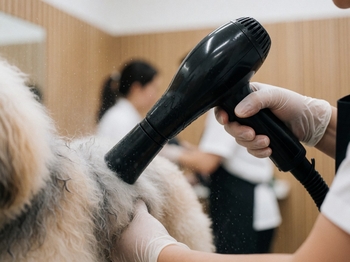Un groomer aux gants blancs utilise un sèche-cheveux noir pour assécher le pelage humide d'un chien, avec des gouttelettes d'eau en suspension sur fond flou de salon.