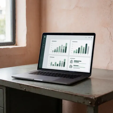 Ordinateur portable posé sur un bureau en métal dans un espace industriel avec murs en terre cuite et lumière naturelle par une fenêtre, idéal pour la gestion de production des petites et moyennes entreprises.