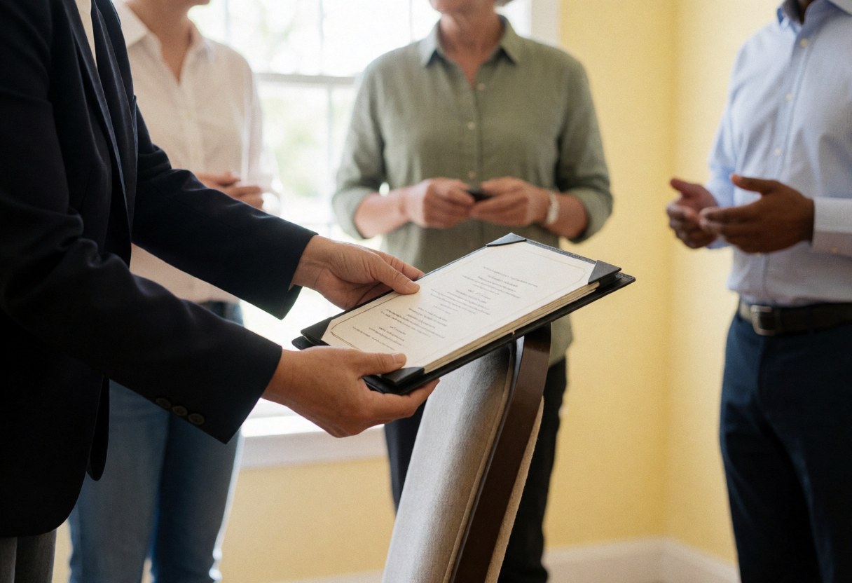 Mains posant délicatement des menus sur une table dressée pour un mariage ou un événement corporate, préparant l'accueil des invités.