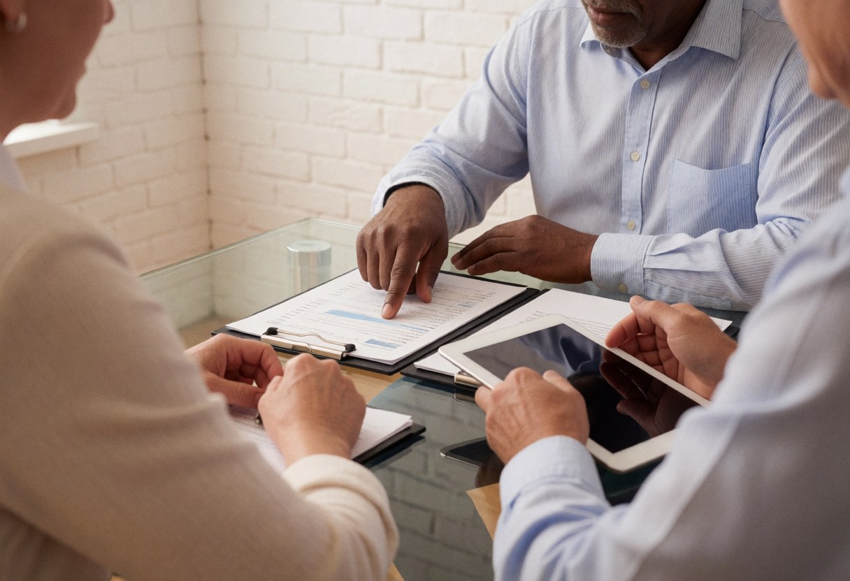 Trois professionnels analysent des documents et une tablette sur une table en verre dans un bureau moderne avec mur de briques blanches.