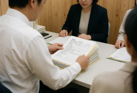 Un conseiller professionnel vérifie des papiers avec un client dans un bureau lumineux au mobilier en bois clair.