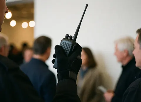 Gros plan des mains d'un agent de sécurité tenant une radio talkie-walkie, portant un gant tactique noir dans un environnement intérieur professionnel.