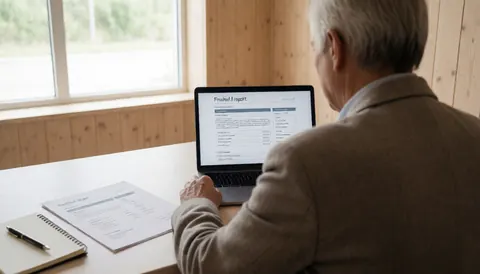 Un consultant examine un document imprimé posé sur un bureau en bois, à côté d'un ordinateur portable ouvert, dans un bureau baigné de lumière naturelle.