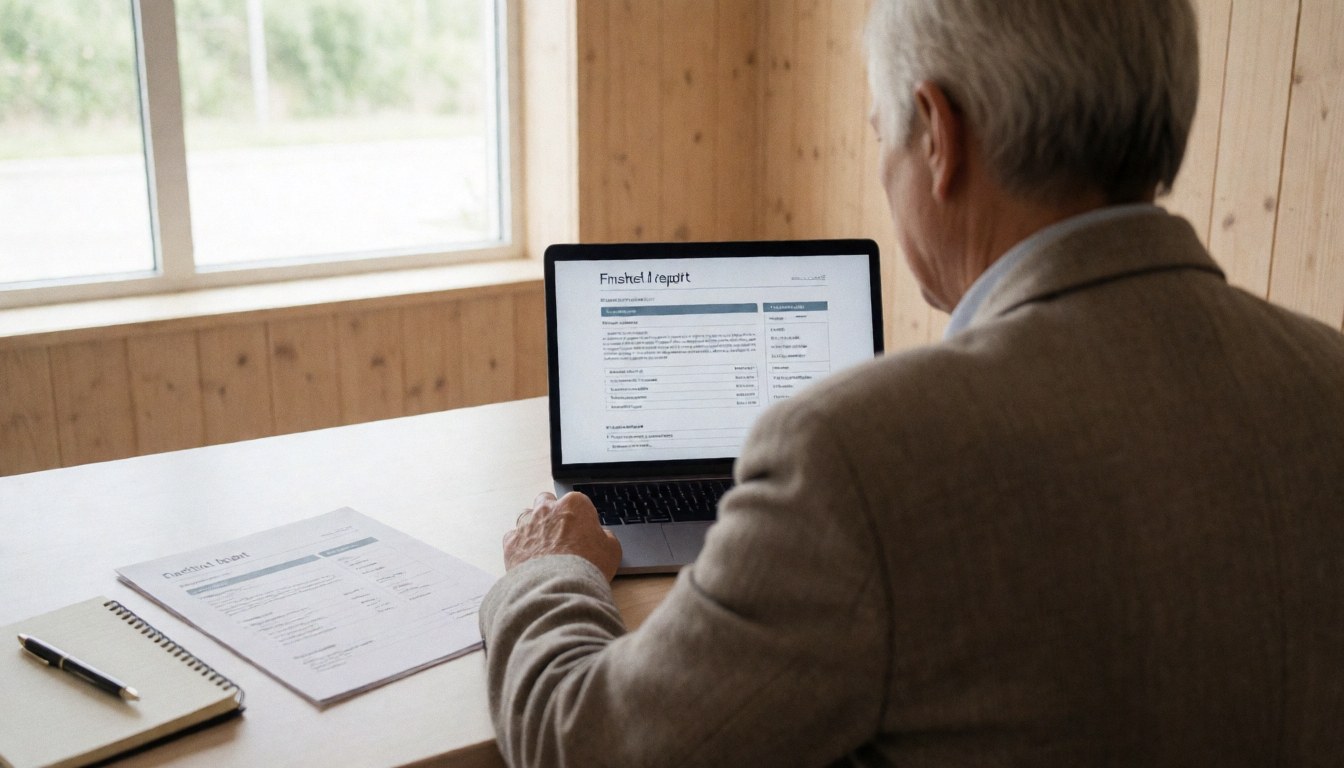 Un consultant examine un document imprimé posé sur un bureau en bois, à côté d'un ordinateur portable ouvert, dans un bureau baigné de lumière naturelle.