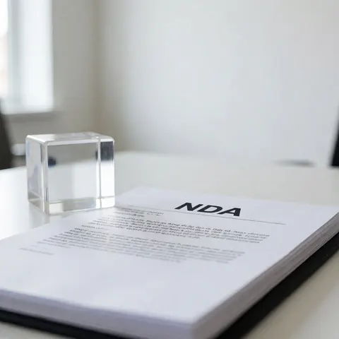 Documents légaux posés sur un bureau en acrylique transparent dans un environnement de bureau moderne et lumineux.