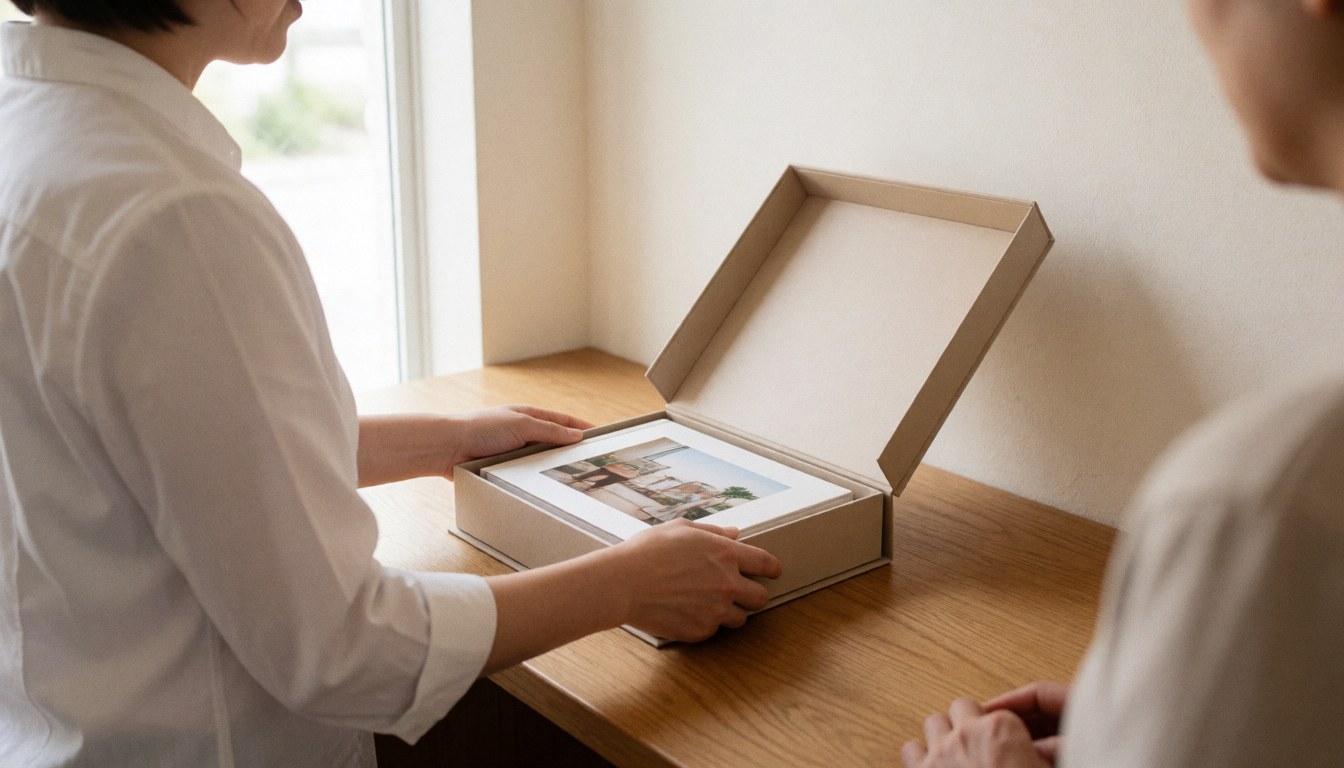 Un photographe remet une boîte cadeau à un client dans un studio lumineux avec une fenêtre et des éléments en bois.