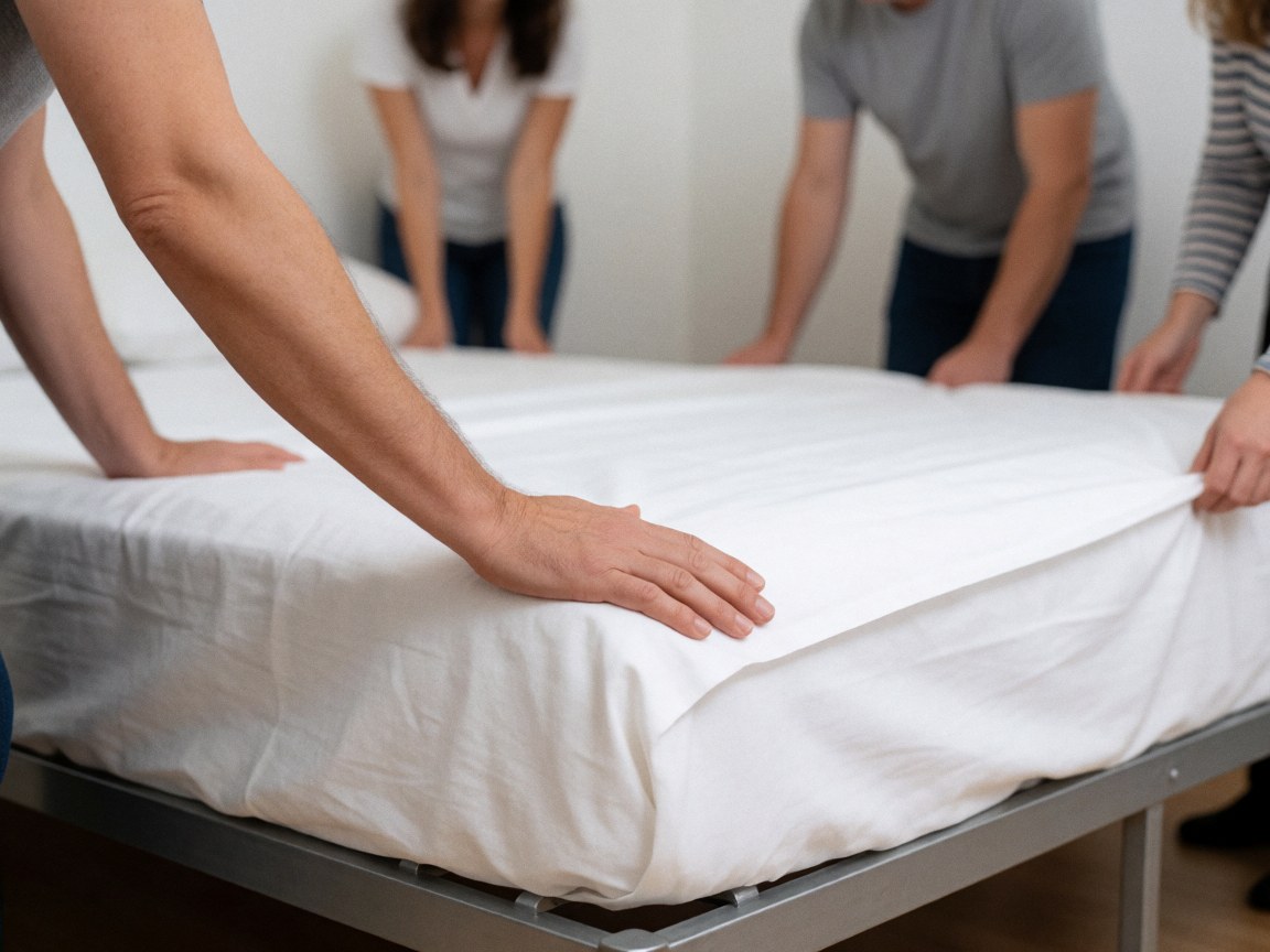 Des mains ajustent des draps blancs sur un cadre métallique de lit, dans une pièce aux murs blancs avec un arrière-plan flou évoquant la propreté.