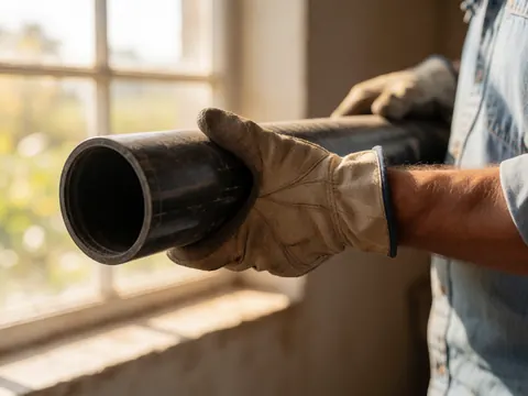 Détail d'un tuyau noir d'irrigation posé au sol dans un champ agricole, avec une main gantée tenant le tube sous la lumière naturelle.