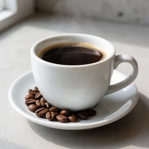 Tasse blanche de café noir fumant posée sur une soucoupe avec des grains de café, sur une table en béton baignée de lumière naturelle douce.
